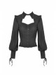 Black Gothic Ruffled Design Collar Stud Decoration Neck Long Sleeves Blouse