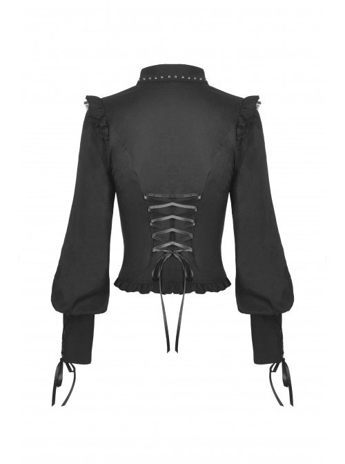 Black Gothic Ruffled Design Collar Stud Decoration Neck Long Sleeves Blouse