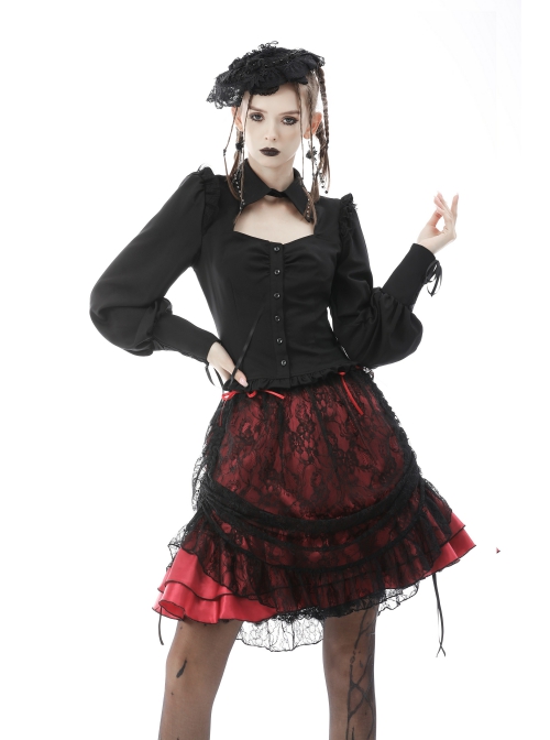 Black Gothic Ruffled Design Collar Stud Decoration Neck Long Sleeves Blouse