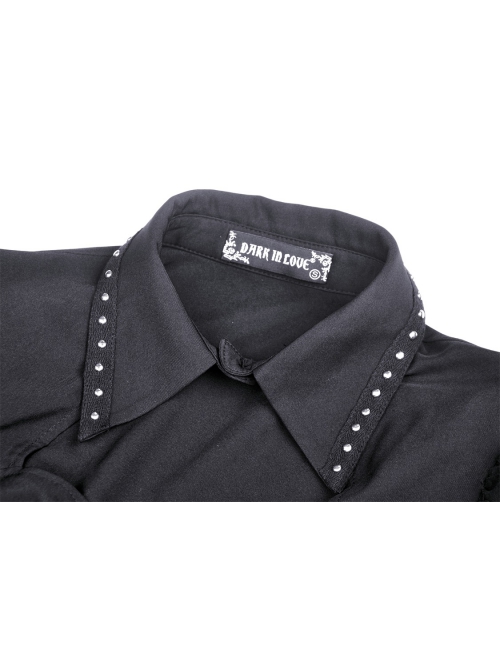 Black Gothic Ruffled Design Collar Stud Decoration Neck Long Sleeves Blouse