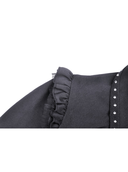 Black Gothic Ruffled Design Collar Stud Decoration Neck Long Sleeves Blouse