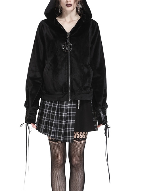 Black Cat Ear Shape Design Casual Pentagram Decoration Leather Cross Straps At Cuffs Hoodie