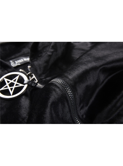 Black Cat Ear Shape Design Casual Pentagram Decoration Leather Cross Straps At Cuffs Hoodie