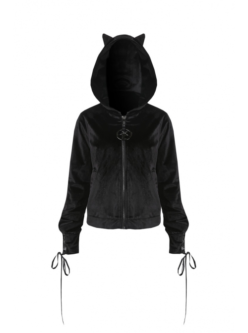 Black Cat Ear Shape Design Casual Pentagram Decoration Leather Cross Straps At Cuffs Hoodie