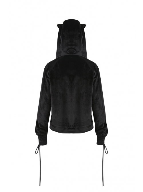 Black Cat Ear Shape Design Casual Pentagram Decoration Leather Cross Straps At Cuffs Hoodie