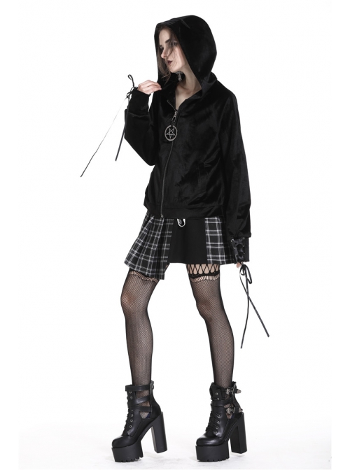 Black Cat Ear Shape Design Casual Pentagram Decoration Leather Cross Straps At Cuffs Hoodie
