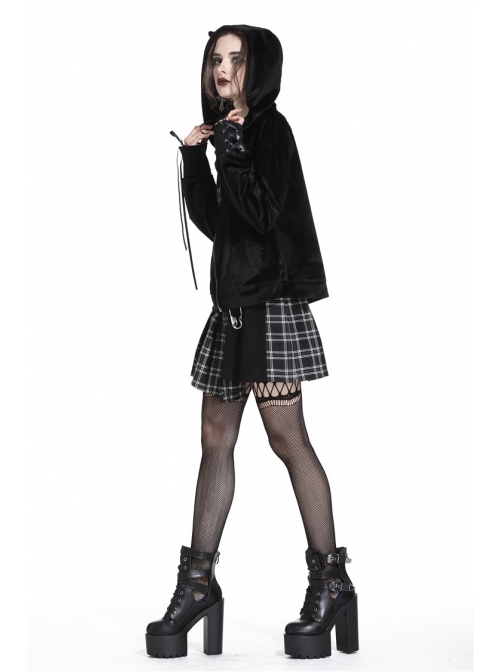 Black Cat Ear Shape Design Casual Pentagram Decoration Leather Cross Straps At Cuffs Hoodie