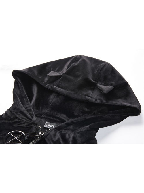 Black Cat Ear Shape Design Casual Pentagram Decoration Leather Cross Straps At Cuffs Hoodie