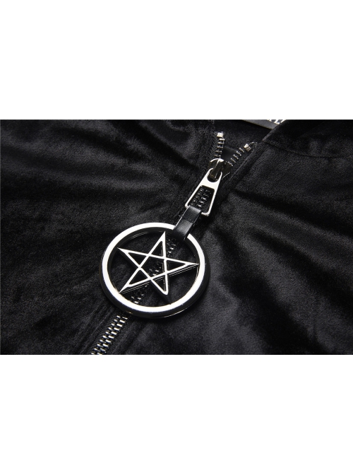 Black Cat Ear Shape Design Casual Pentagram Decoration Leather Cross Straps At Cuffs Hoodie