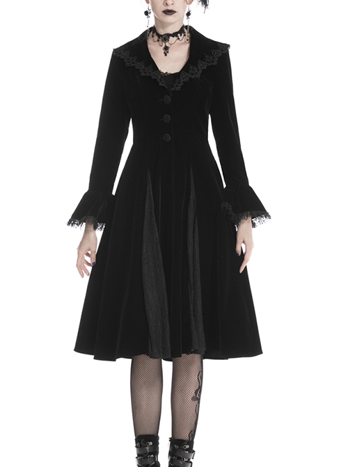 Gothic Clamped Embroidery Lace Hem Trumpet Sleeve Winter Warm Black Long Jacket