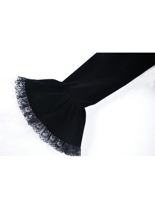 Gothic Clamped Embroidery Lace Hem Trumpet Sleeve Winter Warm Black Long Jacket