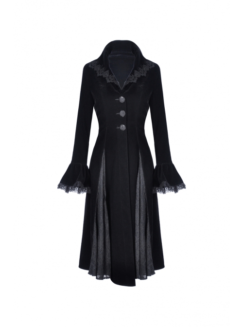 Gothic Clamped Embroidery Lace Hem Trumpet Sleeve Winter Warm Black Long Jacket