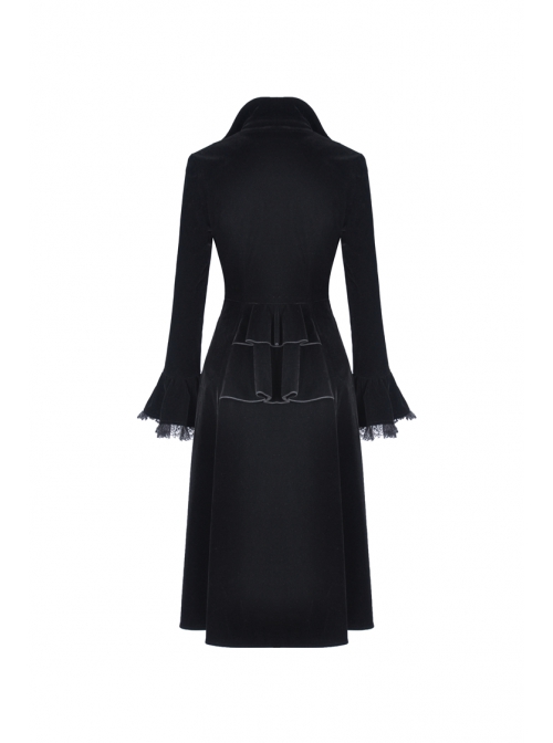 Gothic Clamped Embroidery Lace Hem Trumpet Sleeve Winter Warm Black Long Jacket