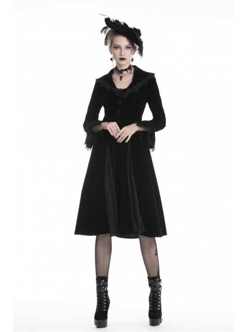 Gothic Clamped Embroidery Lace Hem Trumpet Sleeve Winter Warm Black Long Jacket