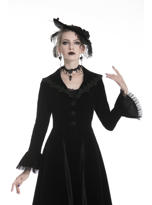 Gothic Clamped Embroidery Lace Hem Trumpet Sleeve Winter Warm Black Long Jacket