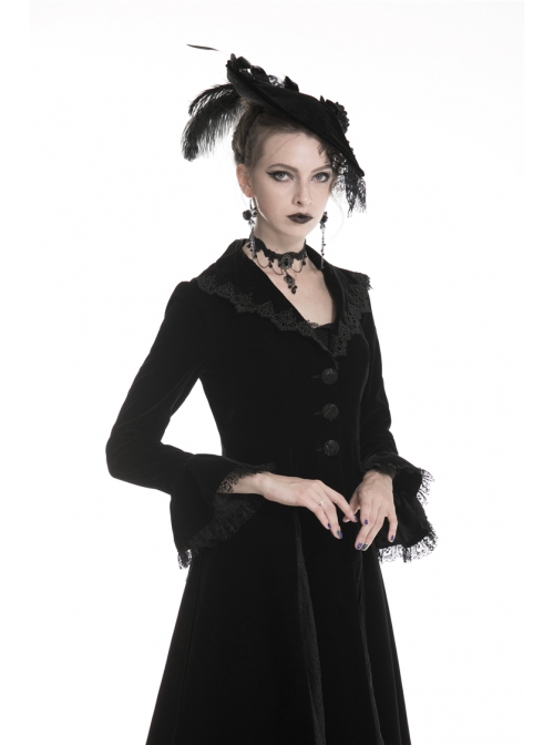 Gothic Clamped Embroidery Lace Hem Trumpet Sleeve Winter Warm Black Long Jacket