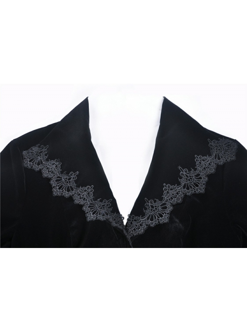 Gothic Clamped Embroidery Lace Hem Trumpet Sleeve Winter Warm Black Long Jacket