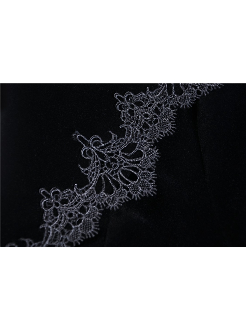 Gothic Clamped Embroidery Lace Hem Trumpet Sleeve Winter Warm Black Long Jacket