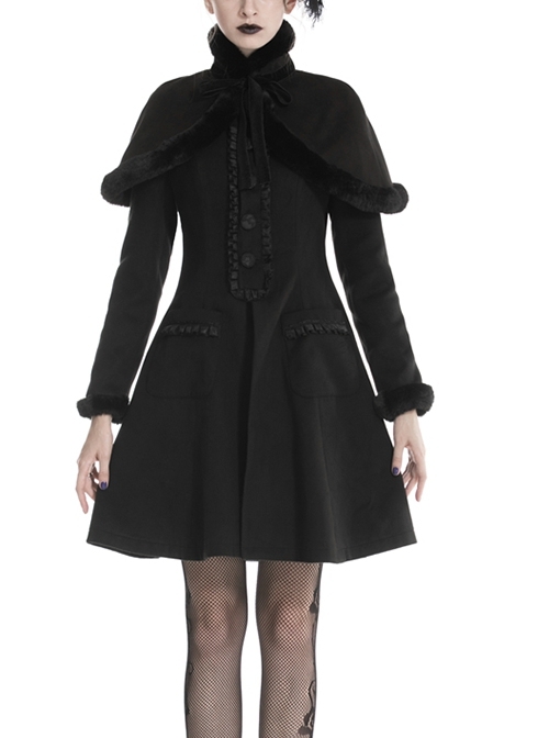 Gothic Black Floral Pleated Decoration Big Hem Winter Long Coat With A Fur Short Cape