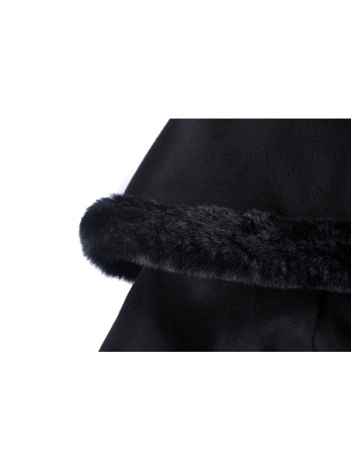 Gothic Black Floral Pleated Decoration Big Hem Winter Long Coat With A Fur Short Cape