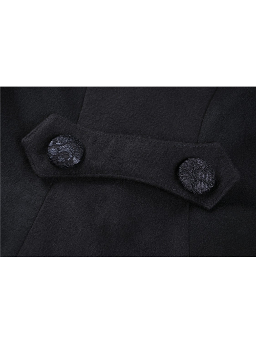 Gothic Black Floral Pleated Decoration Big Hem Winter Long Coat With A Fur Short Cape