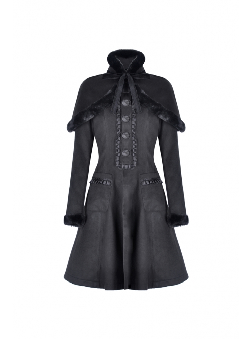 Gothic Black Floral Pleated Decoration Big Hem Winter Long Coat With A Fur Short Cape