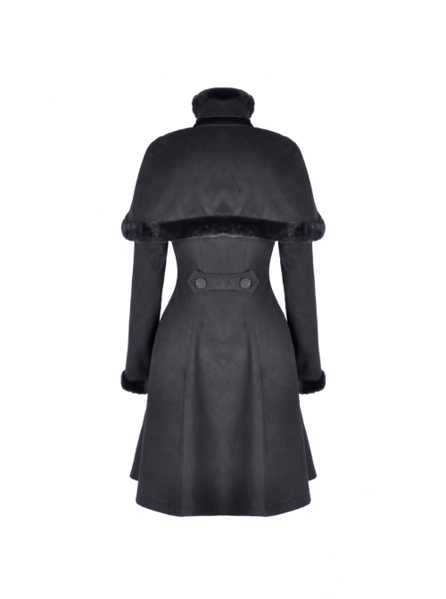Gothic Black Floral Pleated Decoration Big Hem Winter Long Coat With A Fur Short Cape