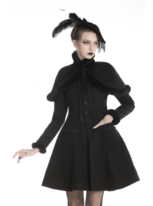 Gothic Black Floral Pleated Decoration Big Hem Winter Long Coat With A Fur Short Cape