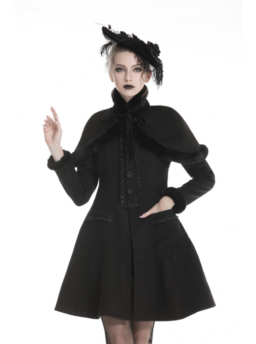 Gothic Black Floral Pleated Decoration Big Hem Winter Long Coat With A Fur Short Cape