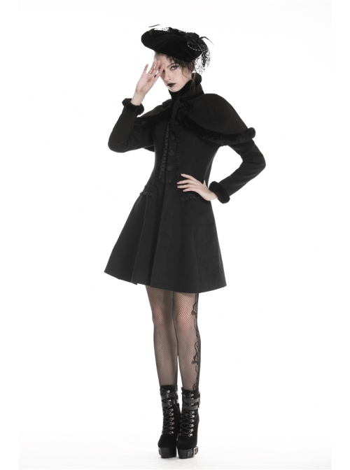 Gothic Black Floral Pleated Decoration Big Hem Winter Long Coat With A Fur Short Cape