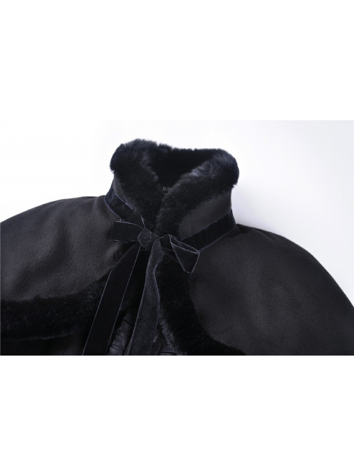 Gothic Black Floral Pleated Decoration Big Hem Winter Long Coat With A Fur Short Cape