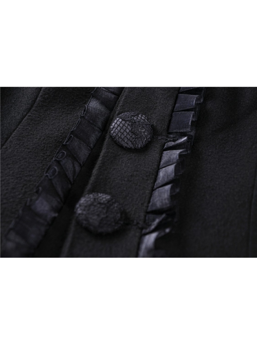Gothic Black Floral Pleated Decoration Big Hem Winter Long Coat With A Fur Short Cape