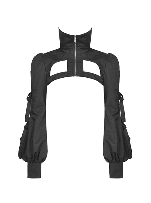 Punk Locomotive Hollow High-Neck Long-Sleeve Drawstring Super-Short Zipper Jacket