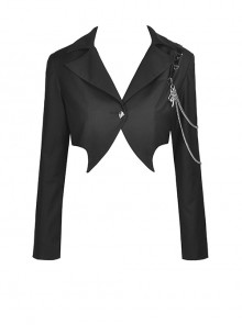Black Devil'S Pointed Hem Design Metal Chain Decoration Sexy Crop Jacket