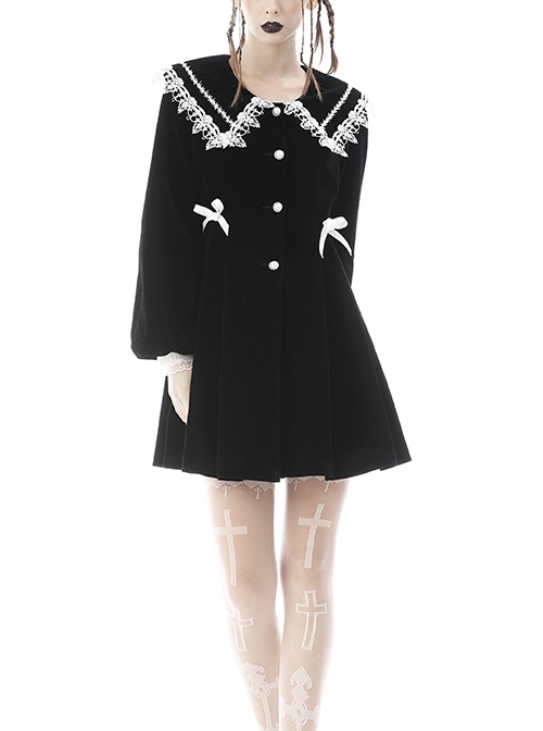 Embroidery Lace-Trim Doll Neck Button White Bow Decoration Long Velvet Jacket