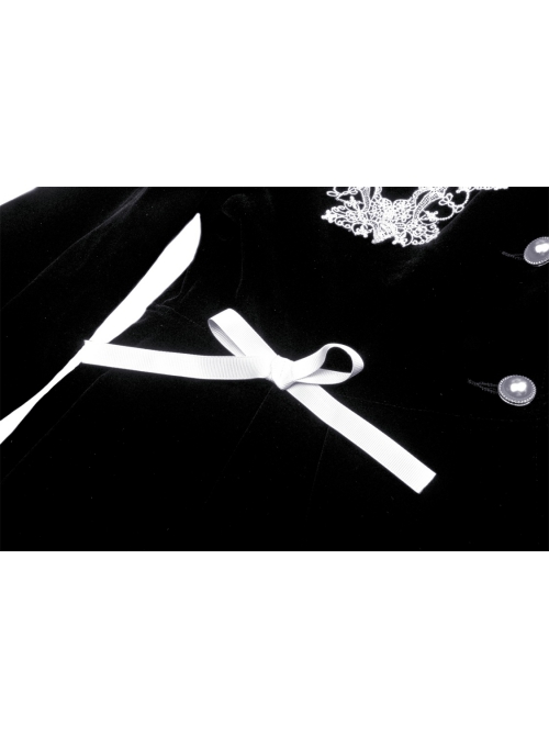 Embroidery Lace-Trim Doll Neck Button White Bow Decoration Long Velvet Jacket