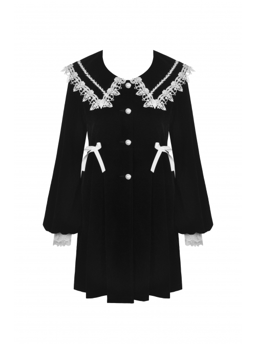 Embroidery Lace-Trim Doll Neck Button White Bow Decoration Long Velvet Jacket