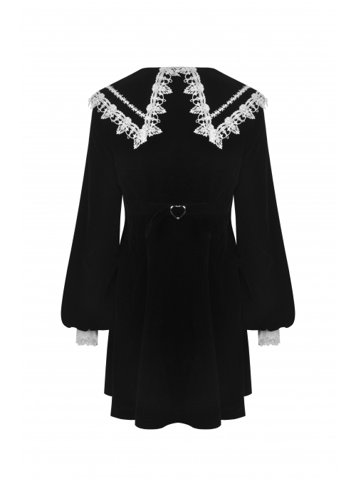 Embroidery Lace-Trim Doll Neck Button White Bow Decoration Long Velvet Jacket