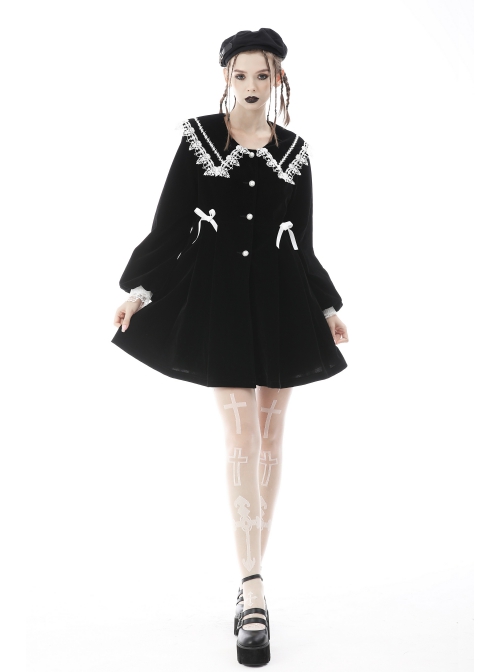 Embroidery Lace-Trim Doll Neck Button White Bow Decoration Long Velvet Jacket