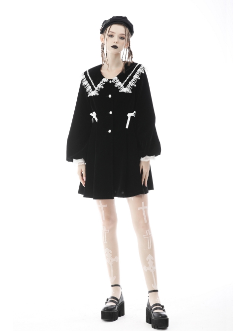 Embroidery Lace-Trim Doll Neck Button White Bow Decoration Long Velvet Jacket