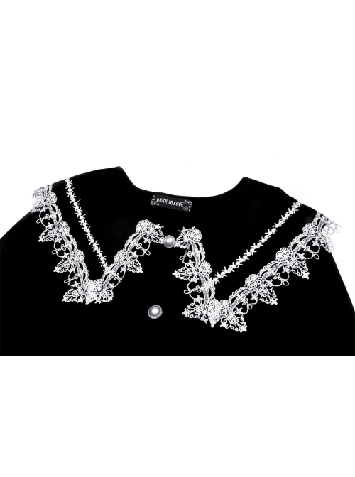Embroidery Lace-Trim Doll Neck Button White Bow Decoration Long Velvet Jacket