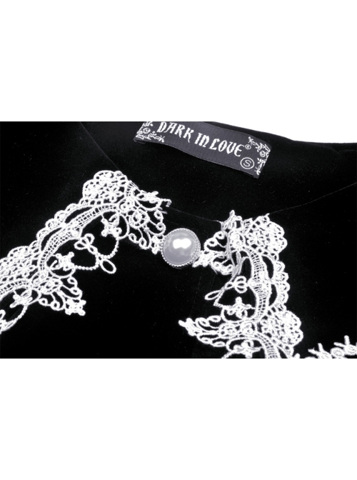 Embroidery Lace-Trim Doll Neck Button White Bow Decoration Long Velvet Jacket