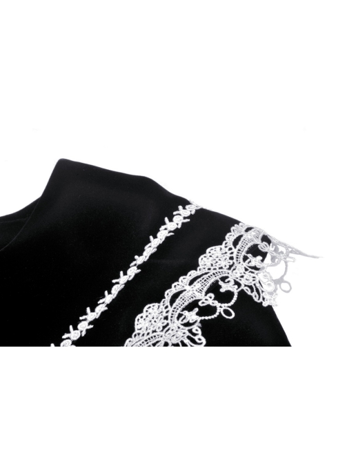 Embroidery Lace-Trim Doll Neck Button White Bow Decoration Long Velvet Jacket
