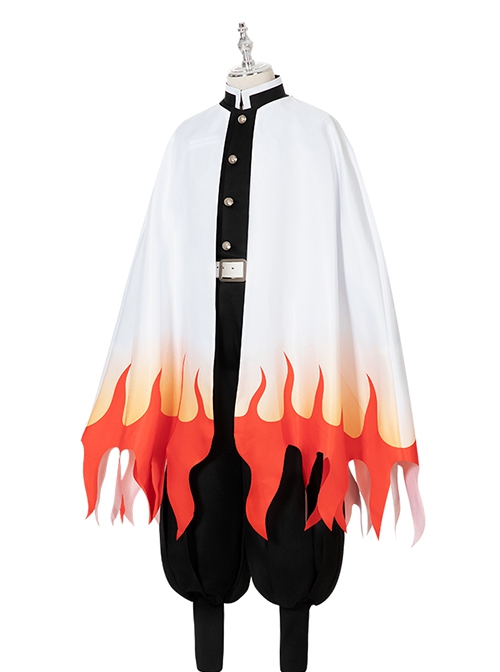 Demon Slayer Rengoku Kyoujurou Halloween Cosplay Costume Flame Printing White Cloak And Legguards