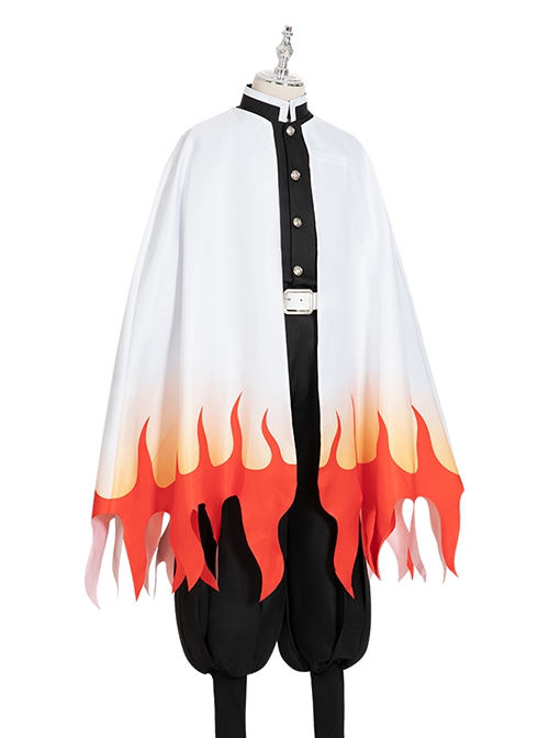 Demon Slayer Rengoku Kyoujurou Halloween Cosplay Costume Flame Printing White Cloak And Legguards