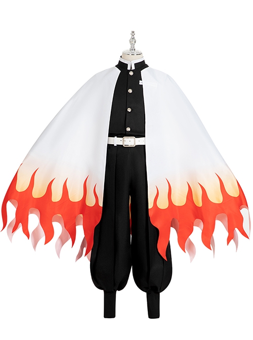 Demon Slayer Rengoku Kyoujurou Halloween Cosplay Costume Flame Printing White Cloak And Legguards