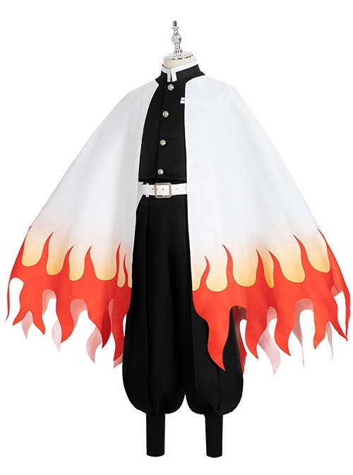 Demon Slayer Rengoku Kyoujurou Halloween Cosplay Costume Flame Printing White Cloak And Legguards
