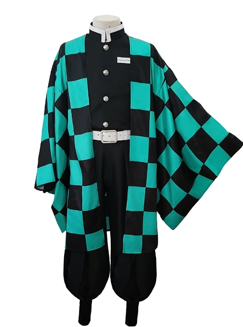 Demon Slayer Kamado Tanjirou Halloween Cosplay Costume Black Green Plaid Printing Cloak Set