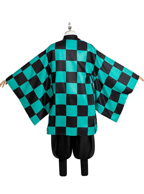 Demon Slayer Kamado Tanjirou Halloween Cosplay Costume Black Green Plaid Printing Cloak Set
