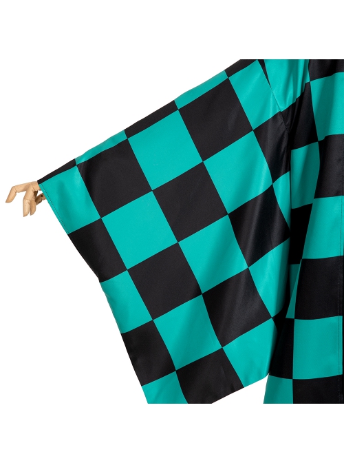 Demon Slayer Kamado Tanjirou Halloween Cosplay Costume Black Green Plaid Printing Cloak Set